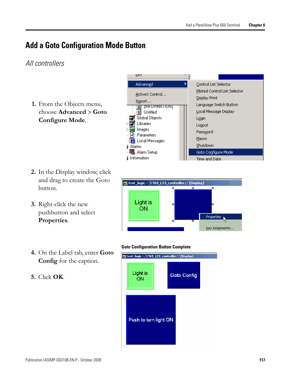 Add a goto configuration mode button, Add a goto, Configuration mode | Button, All controllers | Rockwell Automation 1769-L23E-QB1B_L23E-QBFC1B_L23-QBFC1B CompactLogix Packaged Controllers Quick Start and User Manual User Manual | Page 117 / 249