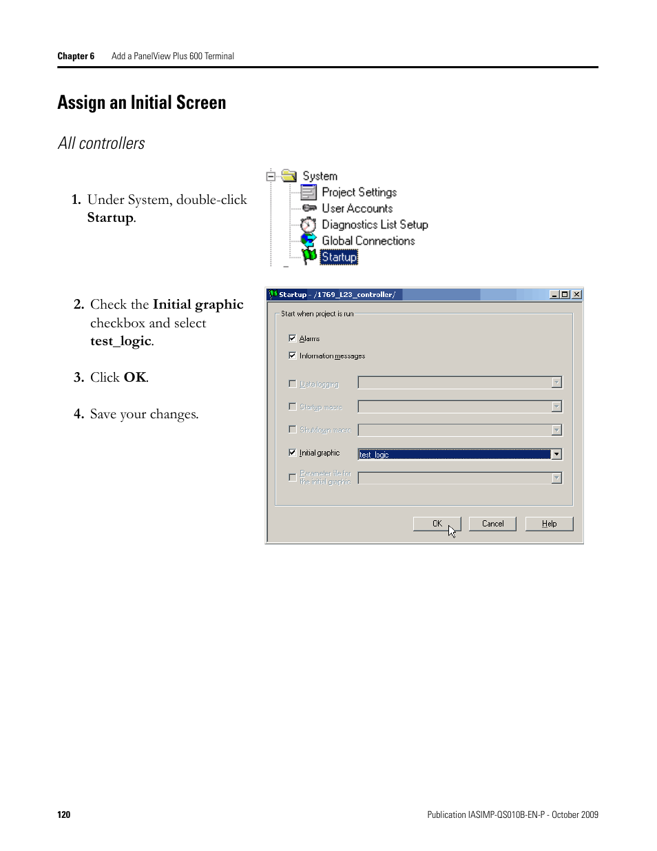 Assign an initial screen, Assign an initial, Screen | All controllers | Rockwell Automation 1769-L23E-QB1B_L23E-QBFC1B_L23-QBFC1B CompactLogix Packaged Controllers Quick Start and User Manual User Manual | Page 120 / 249