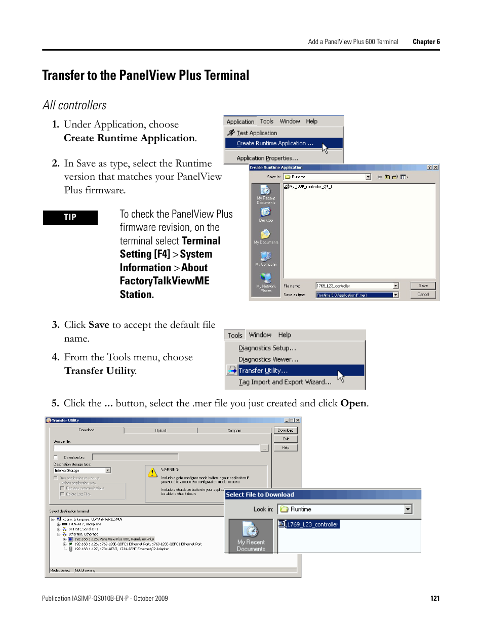 Transfer to the panelview plus terminal, Transfer to the, Panelview plus | All controllers | Rockwell Automation 1769-L23E-QB1B_L23E-QBFC1B_L23-QBFC1B CompactLogix Packaged Controllers Quick Start and User Manual User Manual | Page 121 / 249