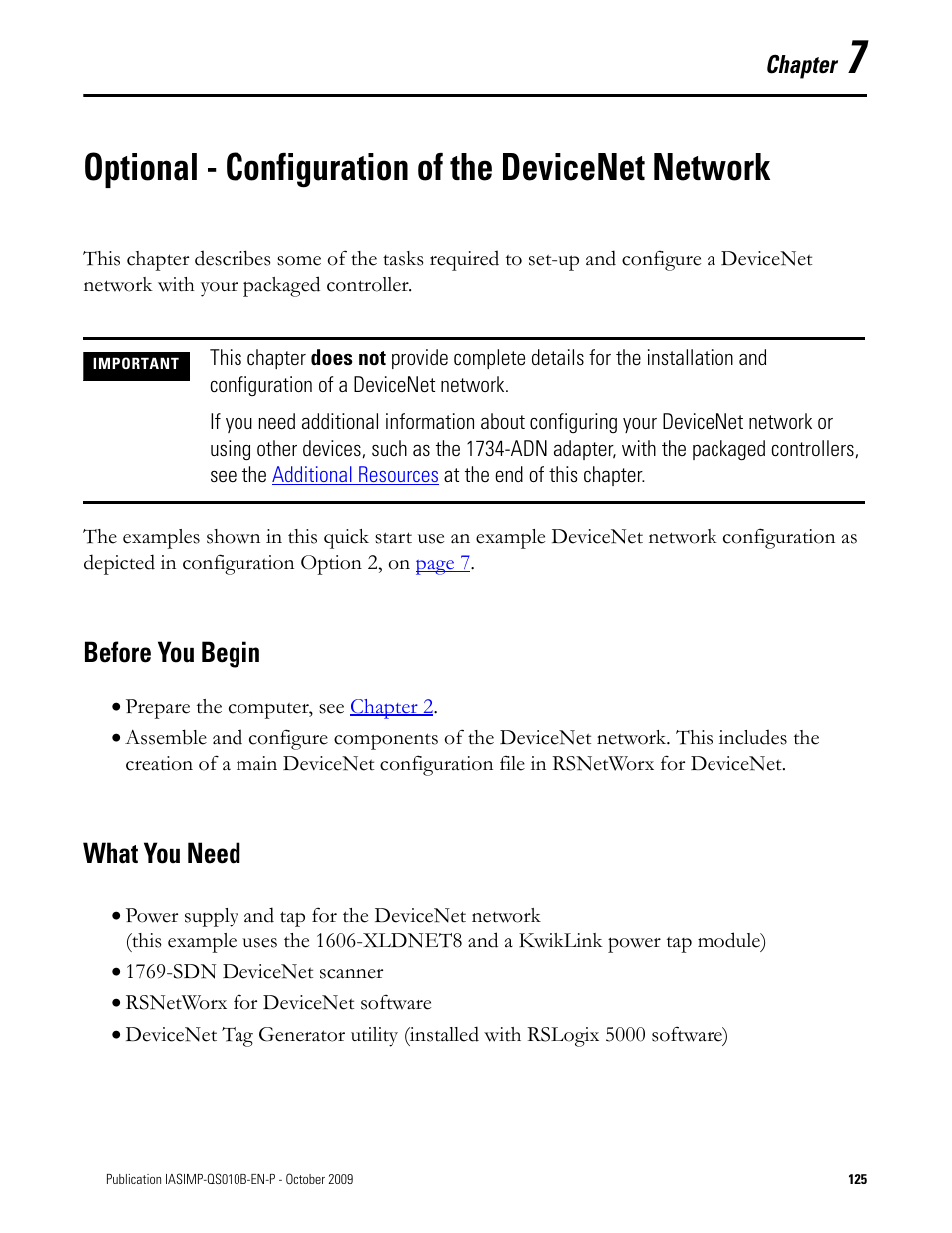 Optional - configuration of the devicenet network, Before you begin, What you need | Chapter 7, Optional, Configuration of the, Devicenet network, Before you begin what you need | Rockwell Automation 1769-L23E-QB1B_L23E-QBFC1B_L23-QBFC1B CompactLogix Packaged Controllers Quick Start and User Manual User Manual | Page 125 / 249