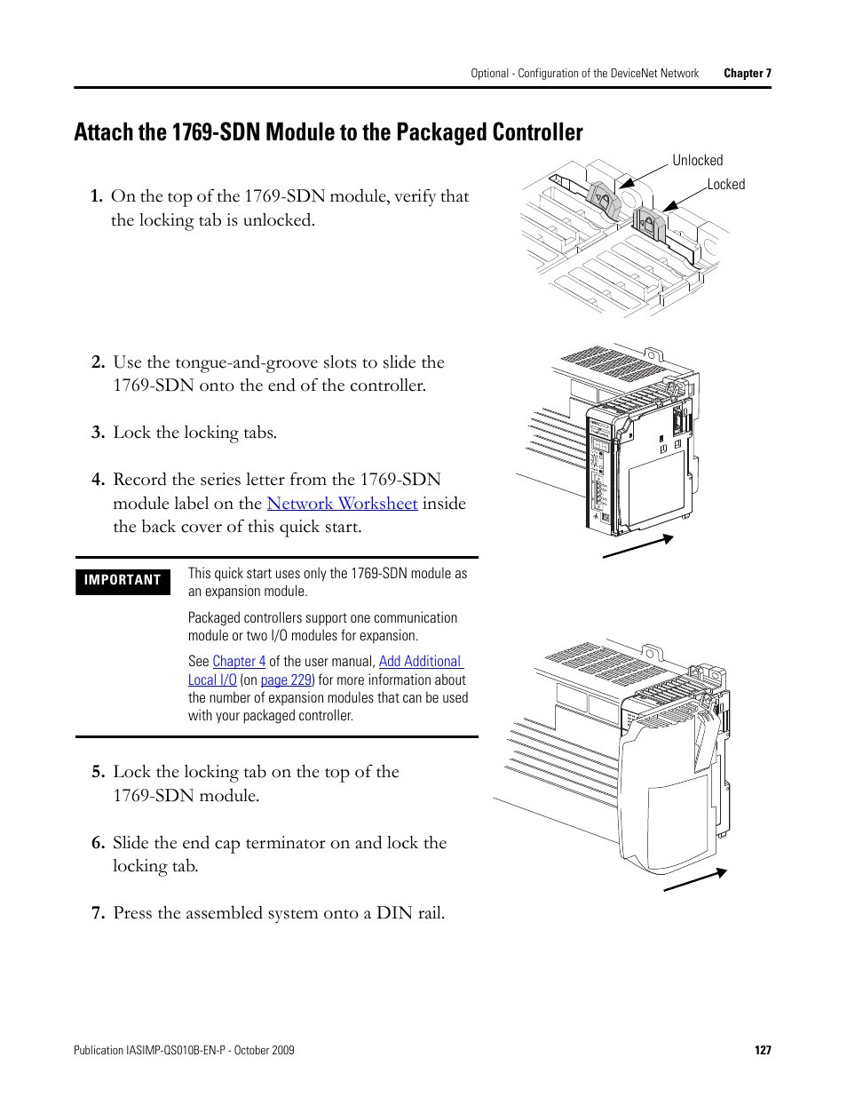 Attach the, 1769-sdn module | Rockwell Automation 1769-L23E-QB1B_L23E-QBFC1B_L23-QBFC1B CompactLogix Packaged Controllers Quick Start and User Manual User Manual | Page 127 / 249