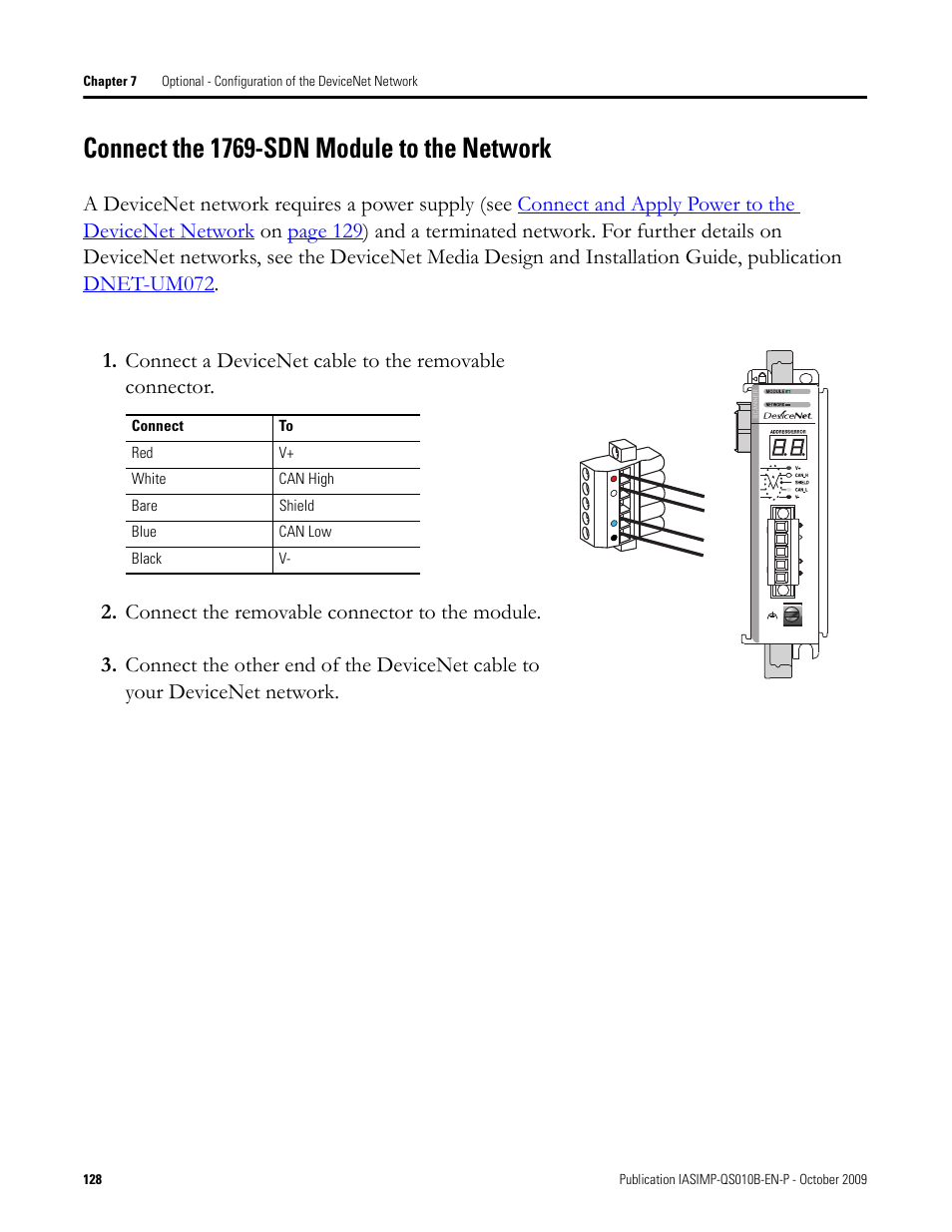 Connect the 1769-sdn module to the network | Rockwell Automation 1769-L23E-QB1B_L23E-QBFC1B_L23-QBFC1B CompactLogix Packaged Controllers Quick Start and User Manual User Manual | Page 128 / 249