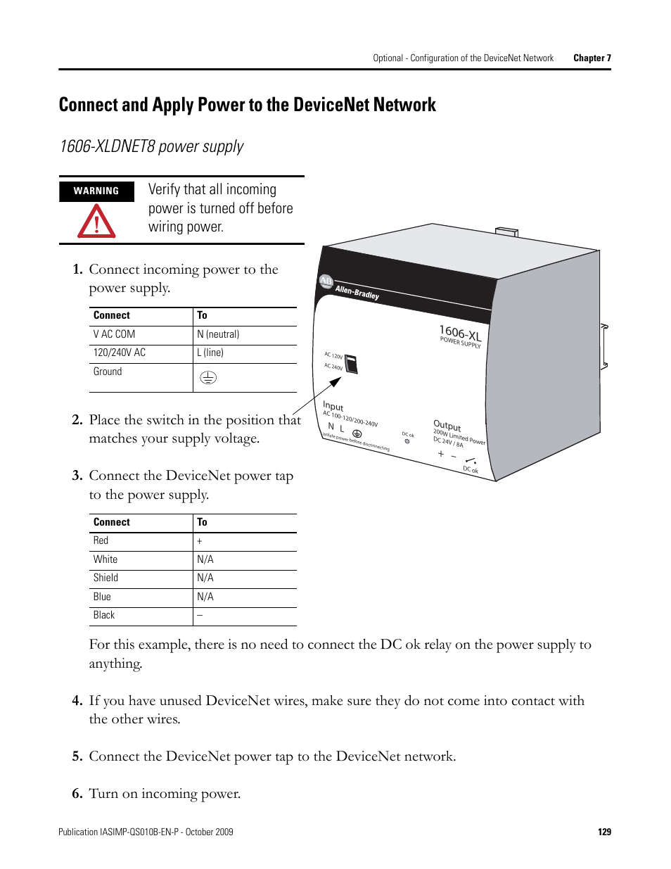 Connect and apply power to the devicenet network, Connect and apply power to the, Devicenet network | 1606-xl | Rockwell Automation 1769-L23E-QB1B_L23E-QBFC1B_L23-QBFC1B CompactLogix Packaged Controllers Quick Start and User Manual User Manual | Page 129 / 249