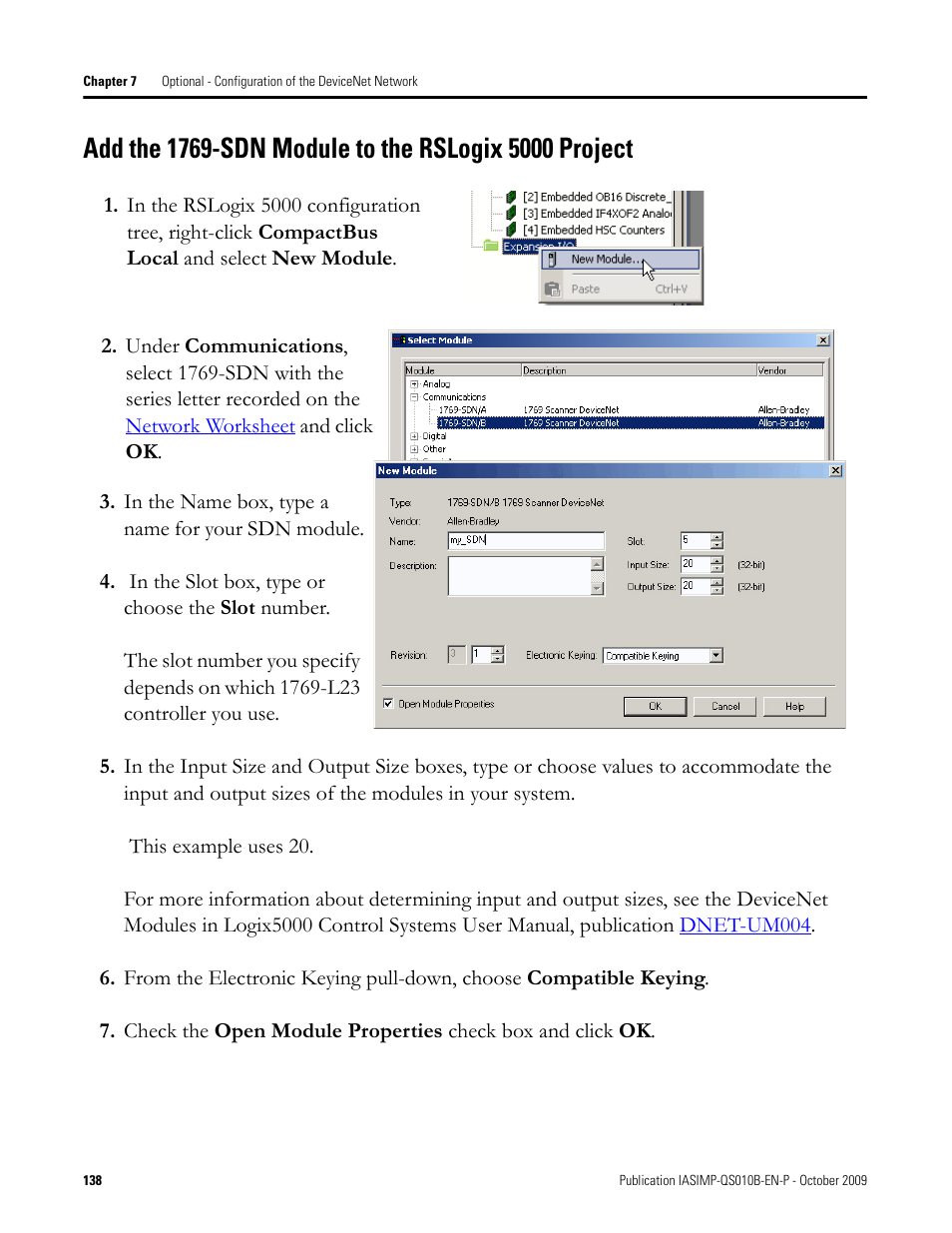 Add the 1769-sdn, Module to the, Rslogix 5000 | Rockwell Automation 1769-L23E-QB1B_L23E-QBFC1B_L23-QBFC1B CompactLogix Packaged Controllers Quick Start and User Manual User Manual | Page 138 / 249