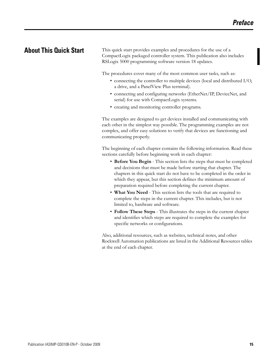 About this quick start, Preface, Preface about this quick start | Rockwell Automation 1769-L23E-QB1B_L23E-QBFC1B_L23-QBFC1B CompactLogix Packaged Controllers Quick Start and User Manual User Manual | Page 15 / 249