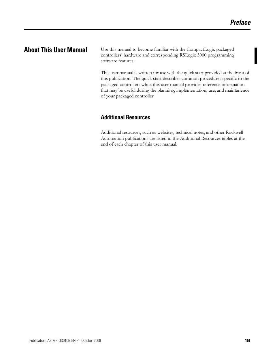 Preface, About this user manual, Additional resources | Preface about this user manual | Rockwell Automation 1769-L23E-QB1B_L23E-QBFC1B_L23-QBFC1B CompactLogix Packaged Controllers Quick Start and User Manual User Manual | Page 151 / 249