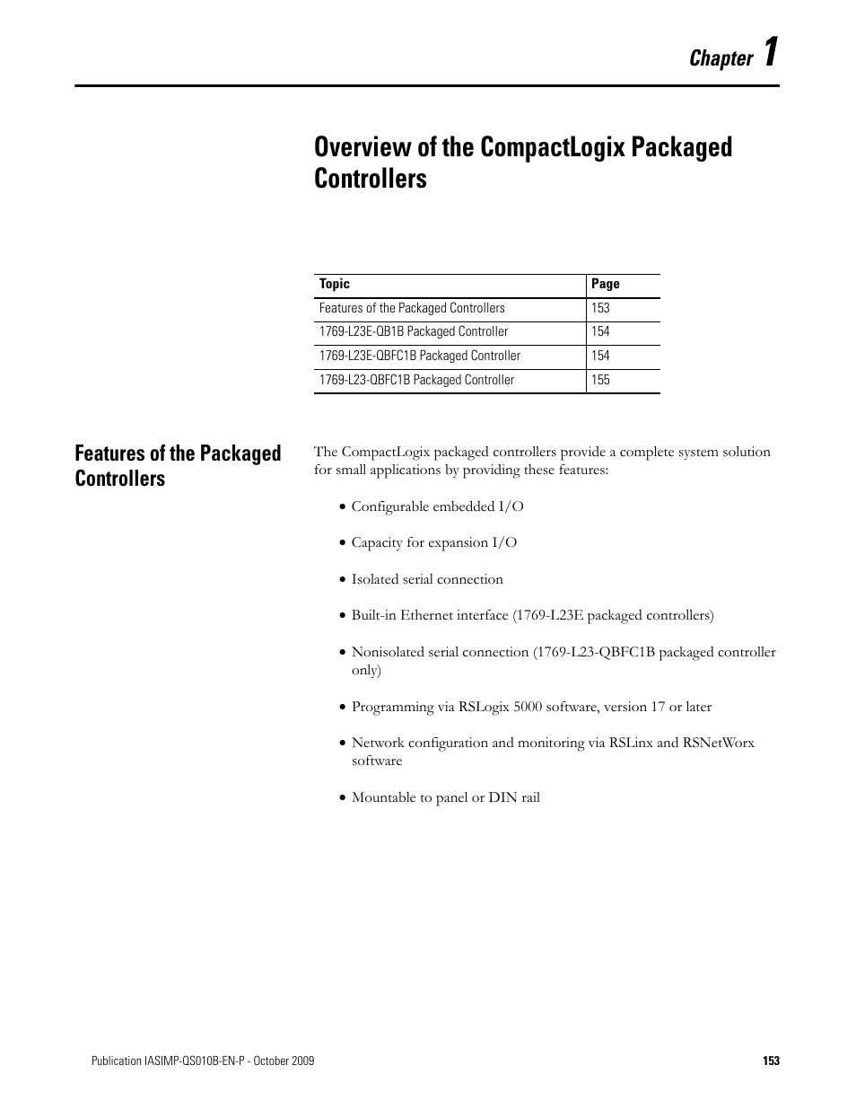 Overview of the compactlogix packaged controllers, Features of the packaged controllers, Chapter 1 | Chapter | Rockwell Automation 1769-L23E-QB1B_L23E-QBFC1B_L23-QBFC1B CompactLogix Packaged Controllers Quick Start and User Manual User Manual | Page 153 / 249