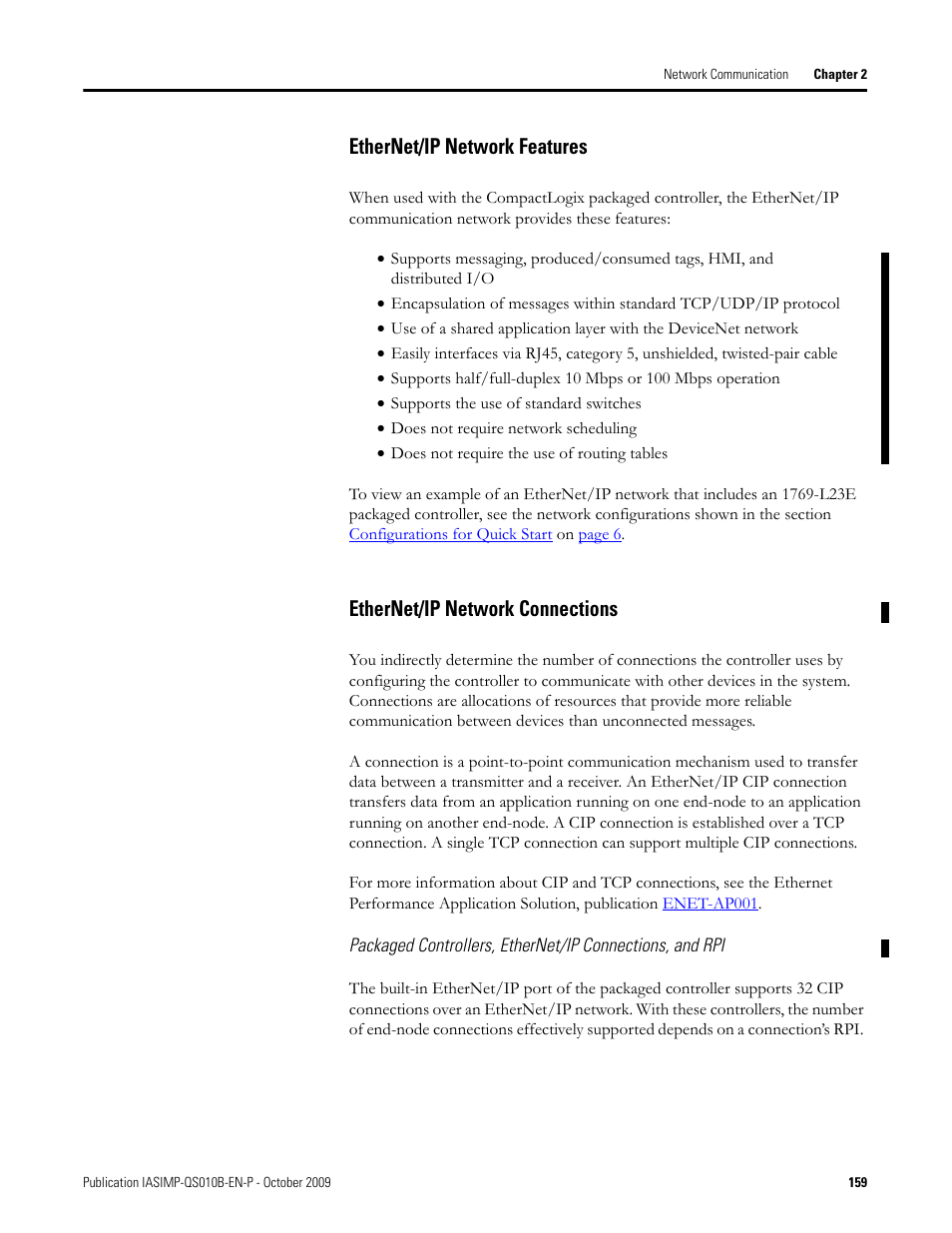 Ethernet/ip network features, Ethernet/ip network connections | Rockwell Automation 1769-L23E-QB1B_L23E-QBFC1B_L23-QBFC1B CompactLogix Packaged Controllers Quick Start and User Manual User Manual | Page 159 / 249