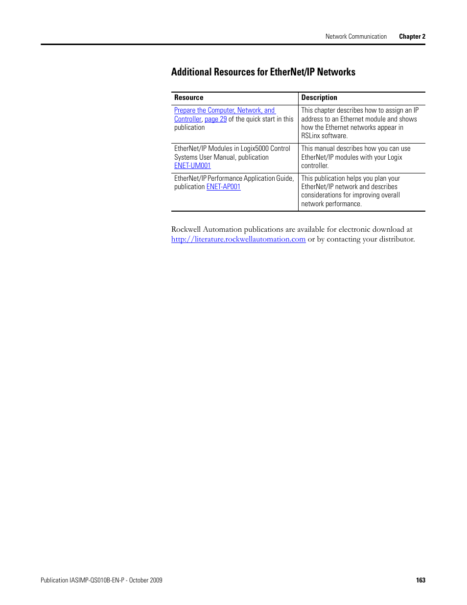 Additional resources for ethernet/ip networks | Rockwell Automation 1769-L23E-QB1B_L23E-QBFC1B_L23-QBFC1B CompactLogix Packaged Controllers Quick Start and User Manual User Manual | Page 163 / 249