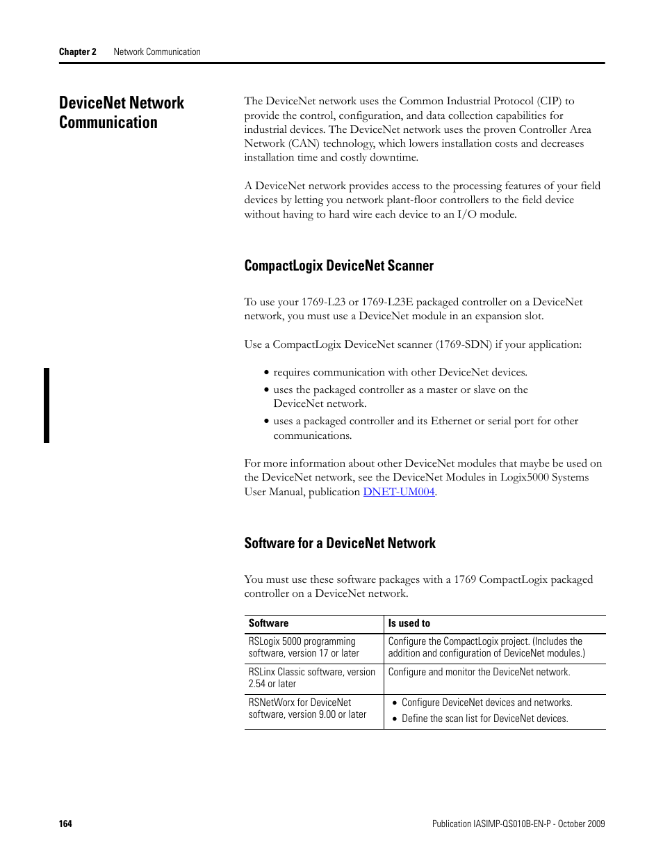 Devicenet network communication, Chapter 2, Compactlogix devicenet scanner | Software for a devicenet network | Rockwell Automation 1769-L23E-QB1B_L23E-QBFC1B_L23-QBFC1B CompactLogix Packaged Controllers Quick Start and User Manual User Manual | Page 164 / 249