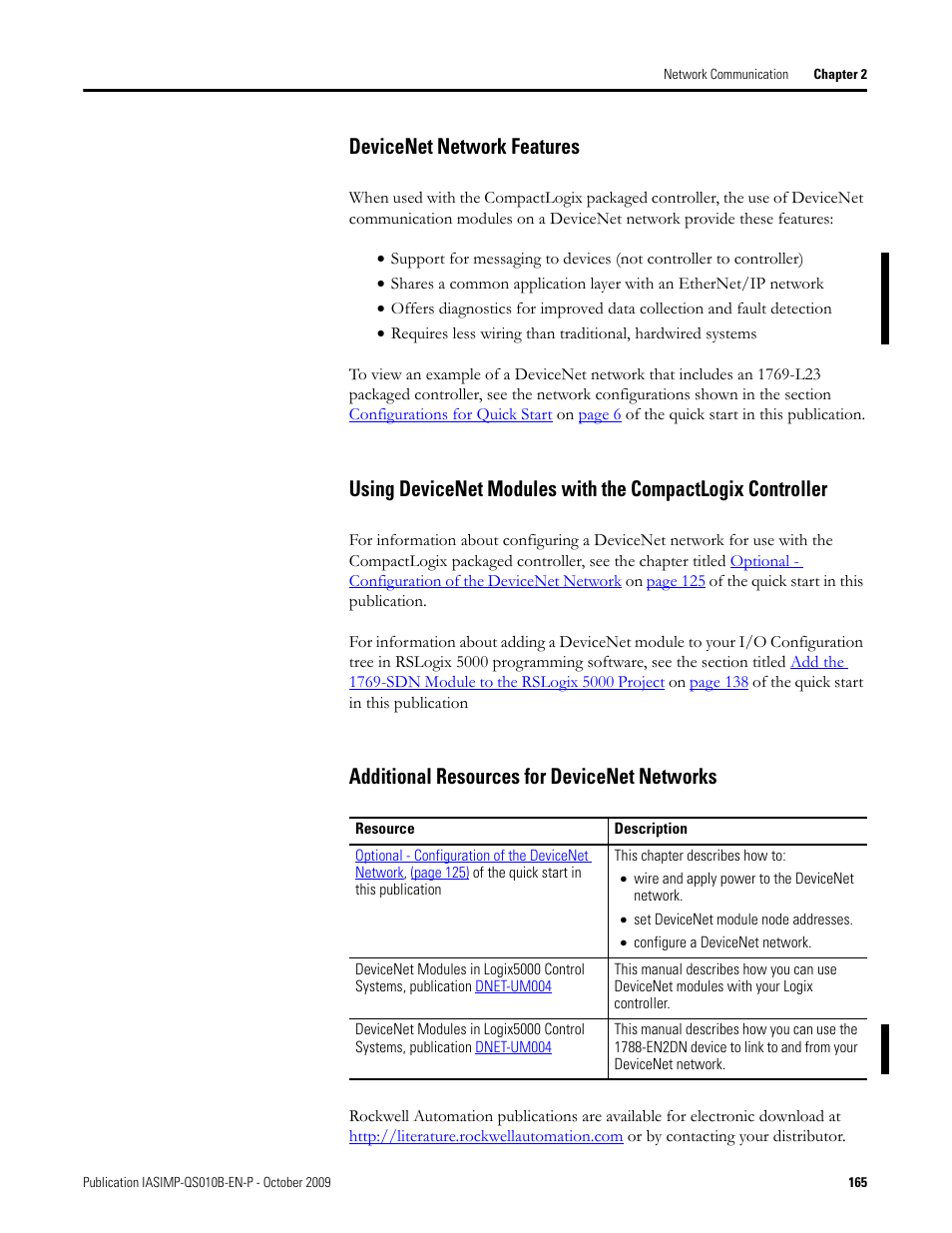 Devicenet network features, Additional resources for devicenet networks | Rockwell Automation 1769-L23E-QB1B_L23E-QBFC1B_L23-QBFC1B CompactLogix Packaged Controllers Quick Start and User Manual User Manual | Page 165 / 249