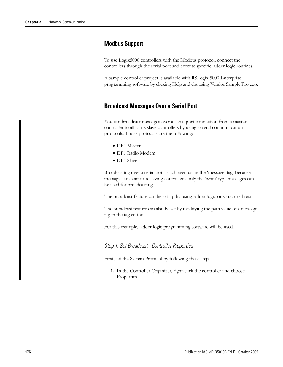 Modbus support, Broadcast messages over a serial port | Rockwell Automation 1769-L23E-QB1B_L23E-QBFC1B_L23-QBFC1B CompactLogix Packaged Controllers Quick Start and User Manual User Manual | Page 176 / 249