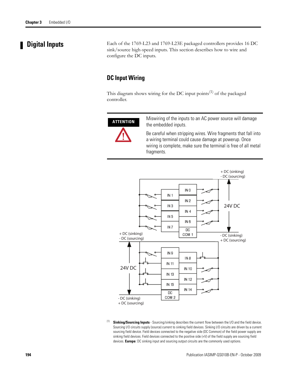 Digital inputs, Dc input wiring | Rockwell Automation 1769-L23E-QB1B_L23E-QBFC1B_L23-QBFC1B CompactLogix Packaged Controllers Quick Start and User Manual User Manual | Page 194 / 249