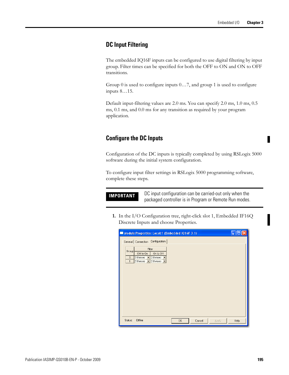 Dc input filtering configure the dc inputs, Dc input filtering, Configure the dc inputs | Rockwell Automation 1769-L23E-QB1B_L23E-QBFC1B_L23-QBFC1B CompactLogix Packaged Controllers Quick Start and User Manual User Manual | Page 195 / 249