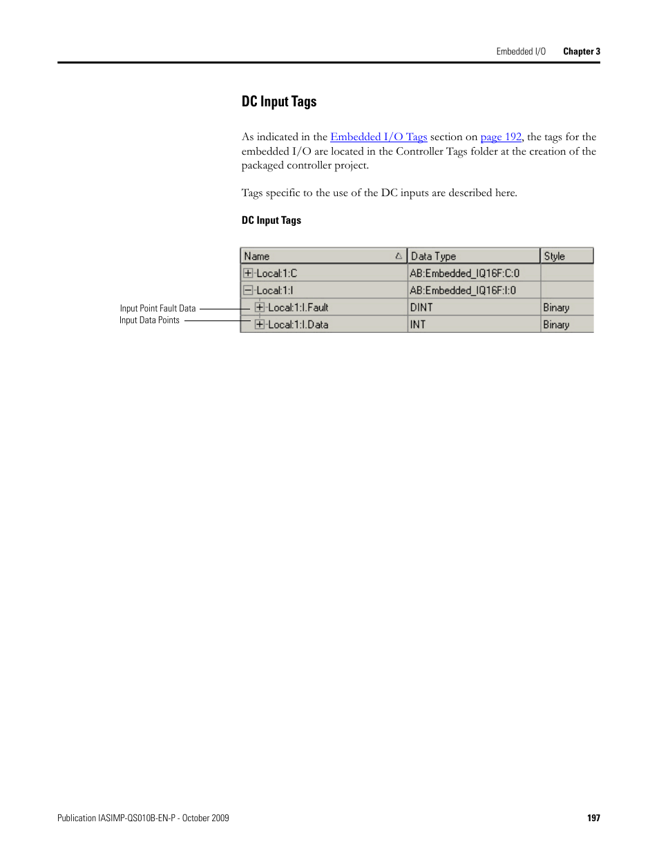 Dc input tags | Rockwell Automation 1769-L23E-QB1B_L23E-QBFC1B_L23-QBFC1B CompactLogix Packaged Controllers Quick Start and User Manual User Manual | Page 197 / 249