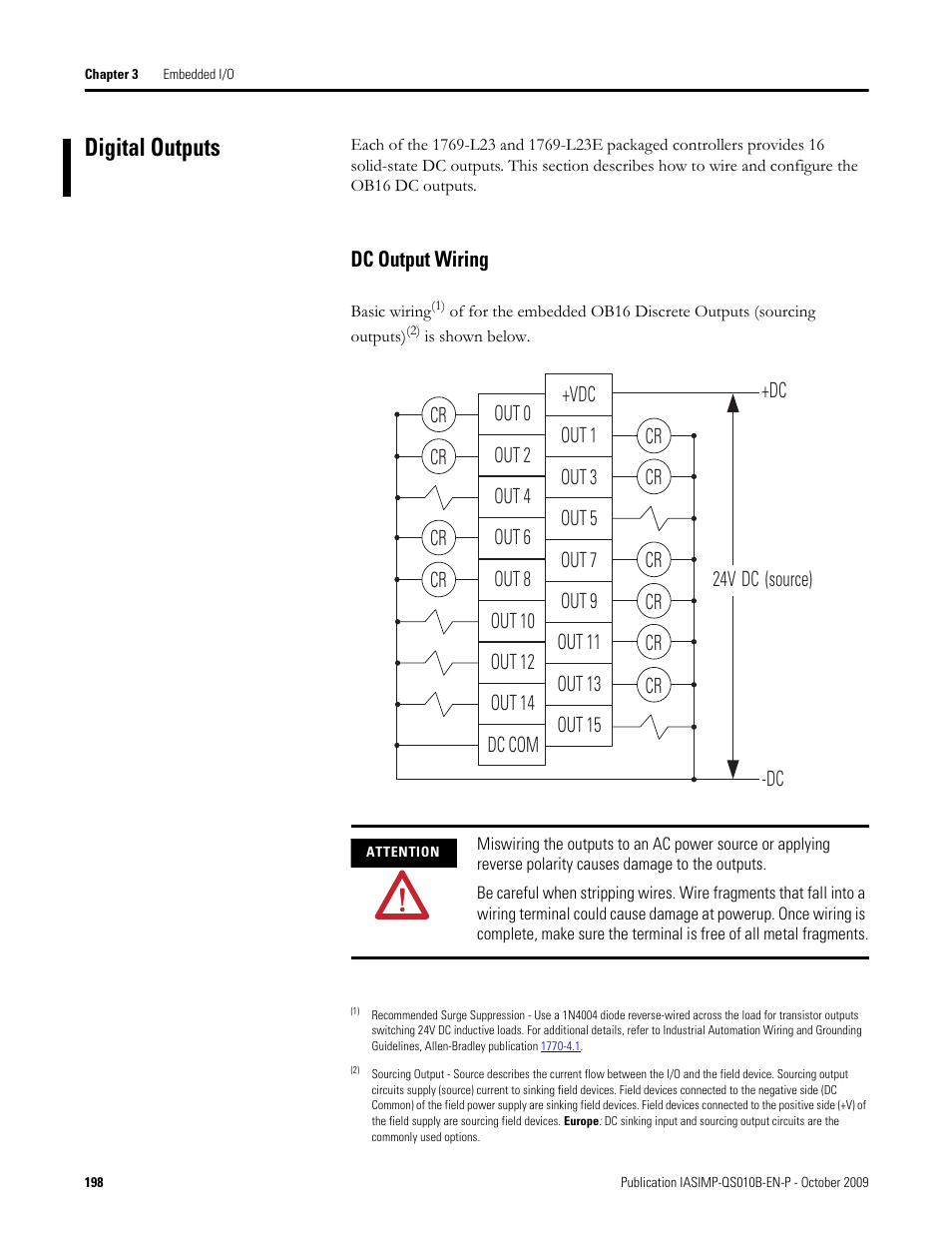 Digital outputs, Dc output wiring | Rockwell Automation 1769-L23E-QB1B_L23E-QBFC1B_L23-QBFC1B CompactLogix Packaged Controllers Quick Start and User Manual User Manual | Page 198 / 249