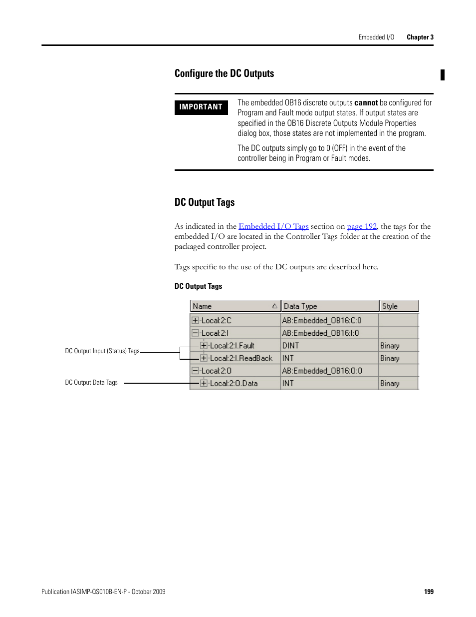 Configure the dc outputs dc output tags, Configure the dc outputs, Dc output tags | Rockwell Automation 1769-L23E-QB1B_L23E-QBFC1B_L23-QBFC1B CompactLogix Packaged Controllers Quick Start and User Manual User Manual | Page 199 / 249