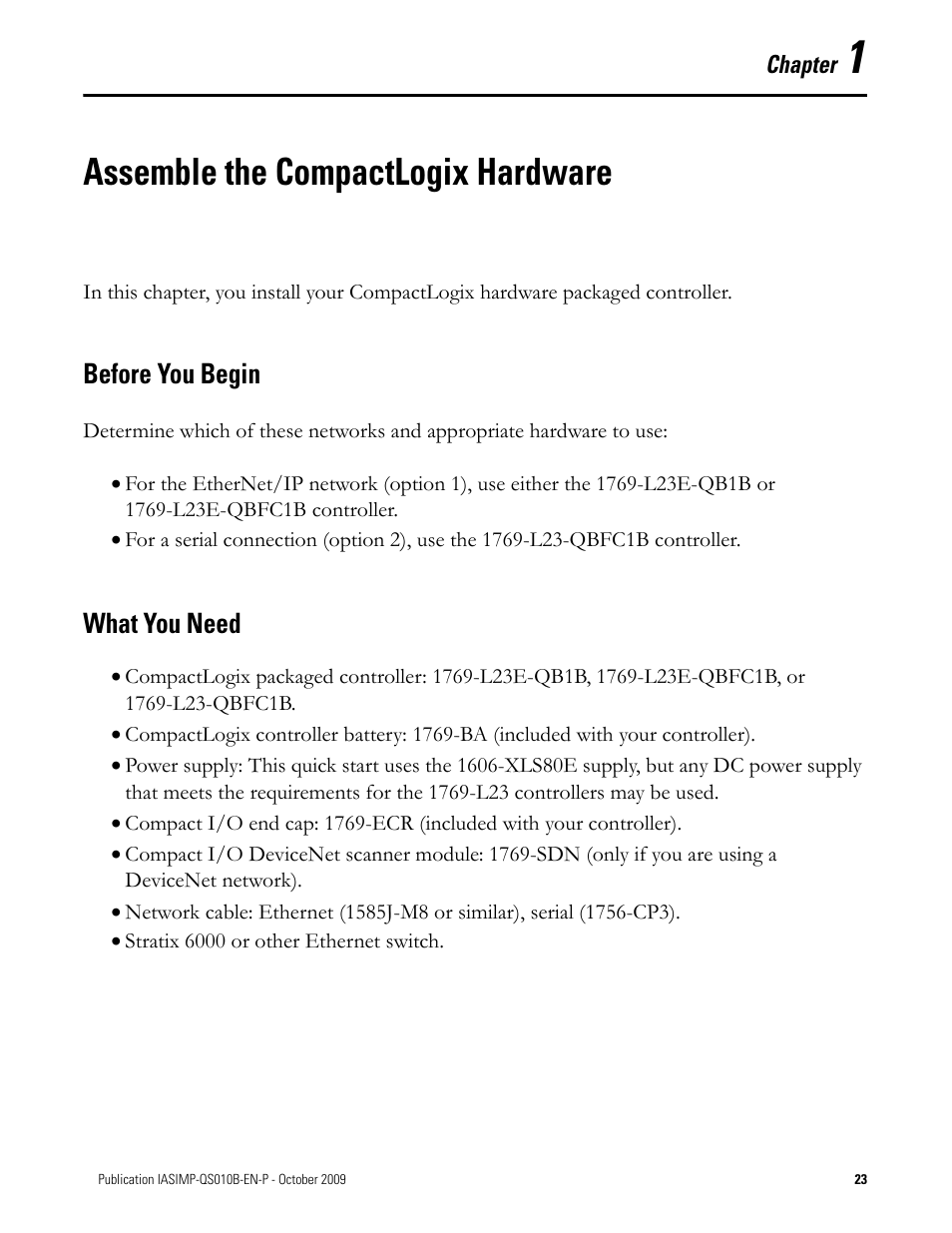 Assemble the compactlogix hardware, Before you begin, What you need | Chapter 1, Assemble the compactlogix, Hardware, Proceed to, Before you begin what you need | Rockwell Automation 1769-L23E-QB1B_L23E-QBFC1B_L23-QBFC1B CompactLogix Packaged Controllers Quick Start and User Manual User Manual | Page 23 / 249