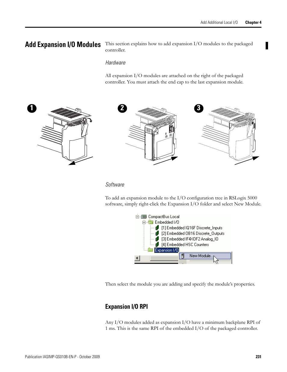 Add expansion i/o modules, Expansion i/o rpi | Rockwell Automation 1769-L23E-QB1B_L23E-QBFC1B_L23-QBFC1B CompactLogix Packaged Controllers Quick Start and User Manual User Manual | Page 231 / 249