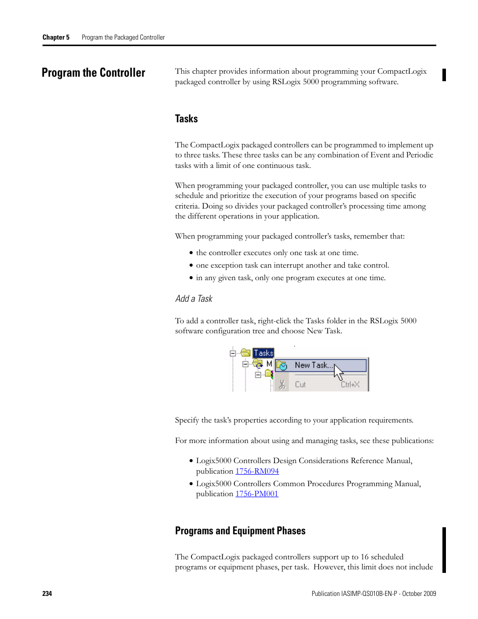 Program the controller, Tasks programs and equipment phases, Tasks | Programs and equipment phases | Rockwell Automation 1769-L23E-QB1B_L23E-QBFC1B_L23-QBFC1B CompactLogix Packaged Controllers Quick Start and User Manual User Manual | Page 234 / 249