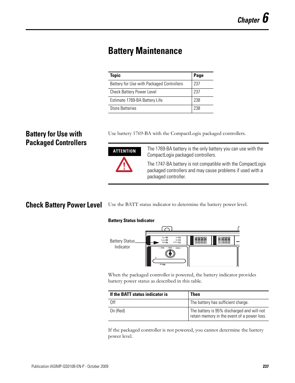 Battery maintenance, Battery for use with packaged controllers, Check battery power level | Chapter 6, Chapter | Rockwell Automation 1769-L23E-QB1B_L23E-QBFC1B_L23-QBFC1B CompactLogix Packaged Controllers Quick Start and User Manual User Manual | Page 237 / 249
