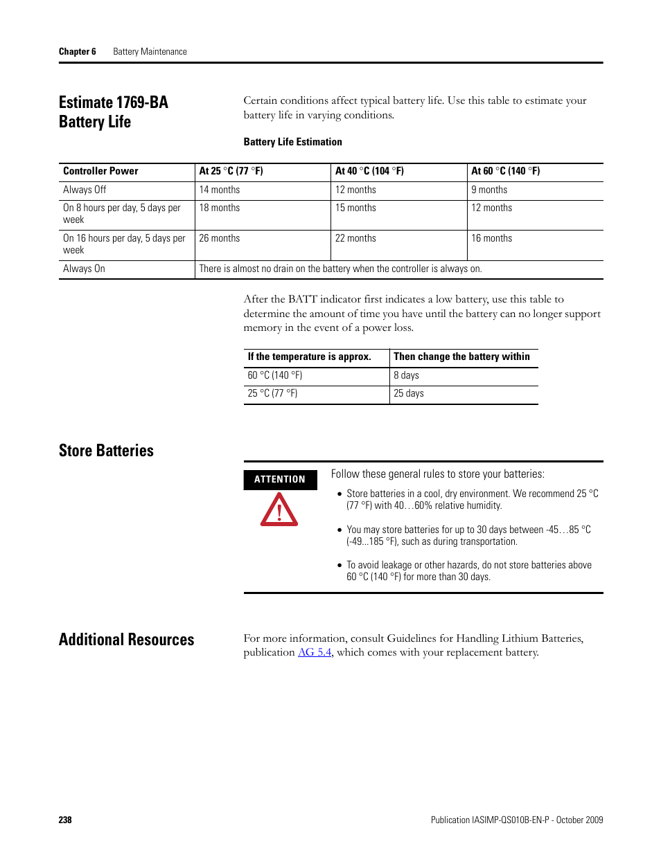 Estimate 1769-ba battery life, Store batteries, Additional resources | Rockwell Automation 1769-L23E-QB1B_L23E-QBFC1B_L23-QBFC1B CompactLogix Packaged Controllers Quick Start and User Manual User Manual | Page 238 / 249