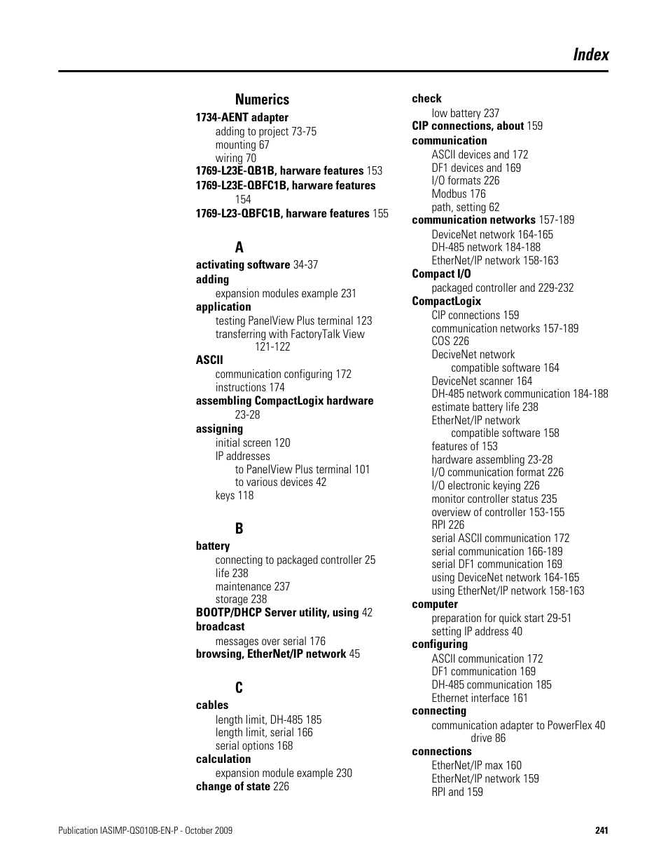 Index, Numerics | Rockwell Automation 1769-L23E-QB1B_L23E-QBFC1B_L23-QBFC1B CompactLogix Packaged Controllers Quick Start and User Manual User Manual | Page 241 / 249