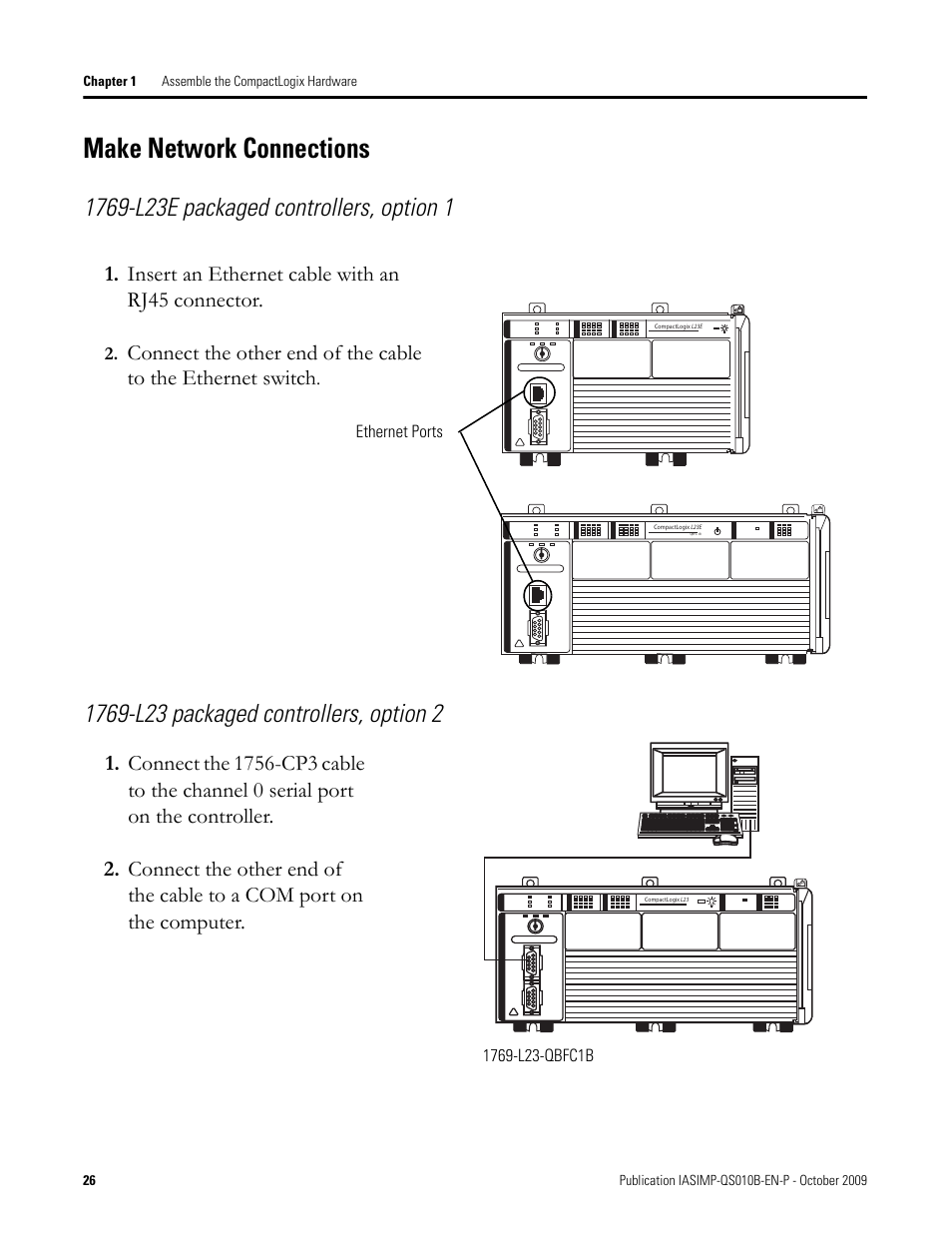 Make network connections, Make network, Connections | Insert an ethernet cable with an rj45 connector | Rockwell Automation 1769-L23E-QB1B_L23E-QBFC1B_L23-QBFC1B CompactLogix Packaged Controllers Quick Start and User Manual User Manual | Page 26 / 249