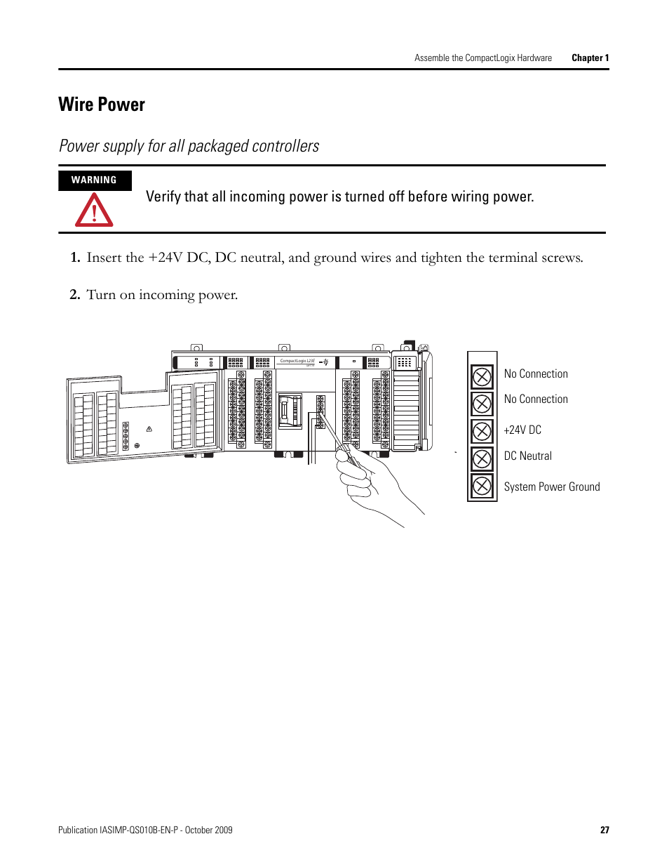 Wire power, Power supply for all packaged controllers | Rockwell Automation 1769-L23E-QB1B_L23E-QBFC1B_L23-QBFC1B CompactLogix Packaged Controllers Quick Start and User Manual User Manual | Page 27 / 249