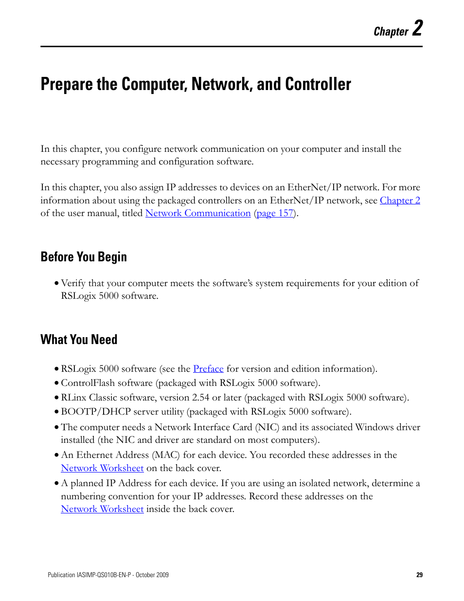 Prepare the computer, network, and controller, Before you begin, What you need | Chapter 2, Prepare the computer, network, and, Controller, Before you begin what you need | Rockwell Automation 1769-L23E-QB1B_L23E-QBFC1B_L23-QBFC1B CompactLogix Packaged Controllers Quick Start and User Manual User Manual | Page 29 / 249