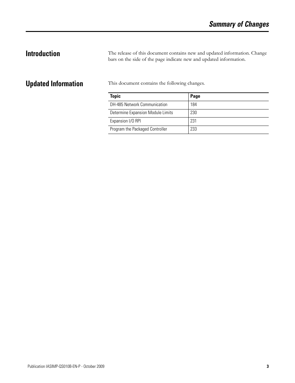 Summary of changes, Introduction, Updated information | Summary of changes introduction | Rockwell Automation 1769-L23E-QB1B_L23E-QBFC1B_L23-QBFC1B CompactLogix Packaged Controllers Quick Start and User Manual User Manual | Page 3 / 249