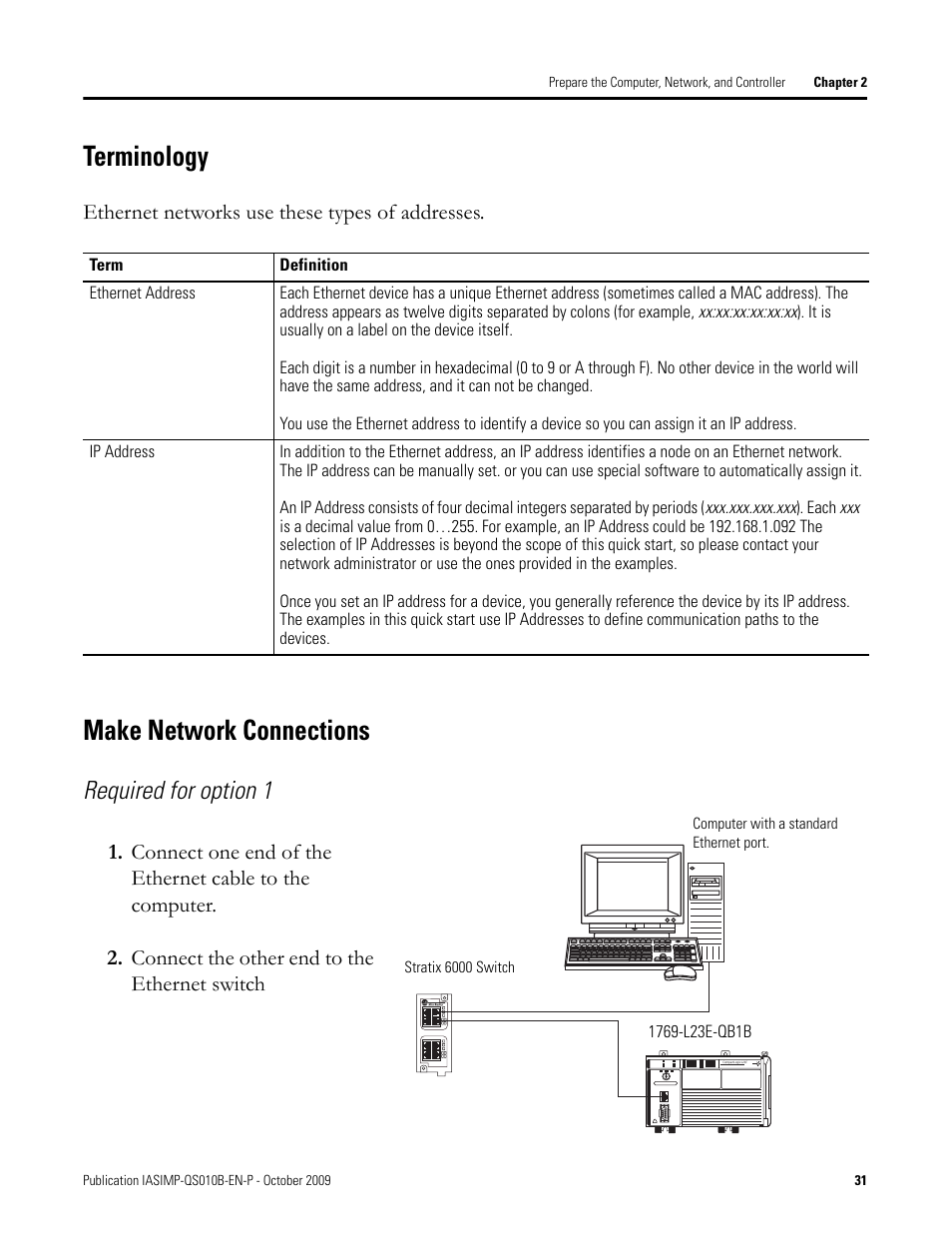 Terminology, Make network connections, Terminology make network connections | Make network, Connections, Required for option 1 | Rockwell Automation 1769-L23E-QB1B_L23E-QBFC1B_L23-QBFC1B CompactLogix Packaged Controllers Quick Start and User Manual User Manual | Page 31 / 249