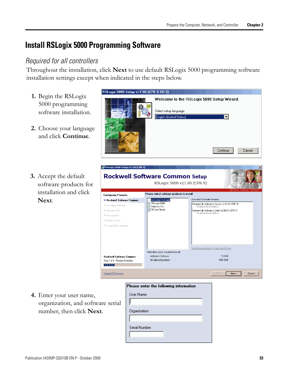 Install rslogix 5000 programming software, Install rslogix, 5000 programming | Required for all controllers | Rockwell Automation 1769-L23E-QB1B_L23E-QBFC1B_L23-QBFC1B CompactLogix Packaged Controllers Quick Start and User Manual User Manual | Page 33 / 249