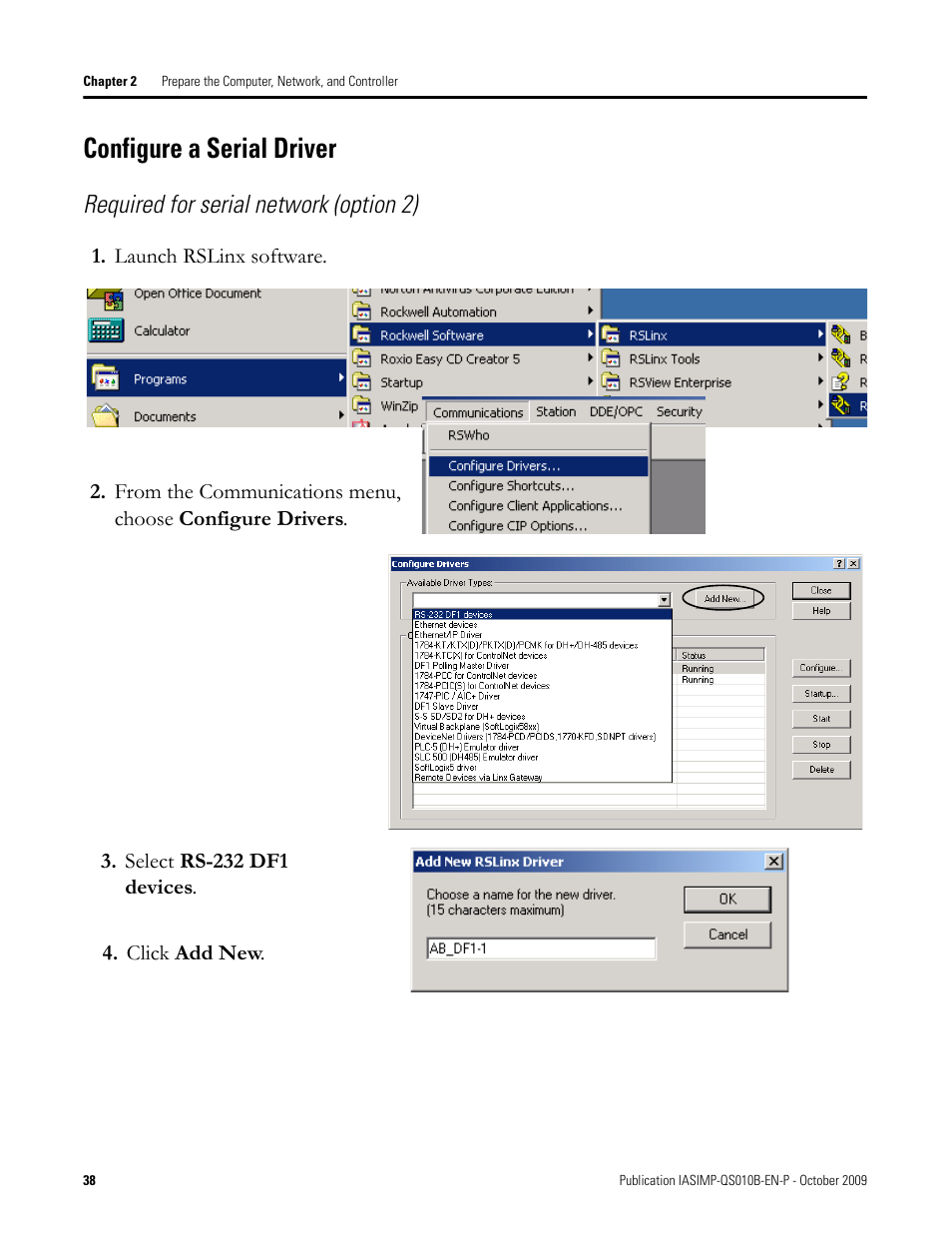 Configure a serial driver, Configure a serial, Driver | Required for serial network (option 2) | Rockwell Automation 1769-L23E-QB1B_L23E-QBFC1B_L23-QBFC1B CompactLogix Packaged Controllers Quick Start and User Manual User Manual | Page 38 / 249