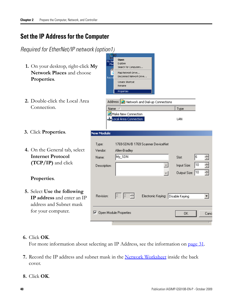 Set the ip address for the computer, Address, For the computer | Rockwell Automation 1769-L23E-QB1B_L23E-QBFC1B_L23-QBFC1B CompactLogix Packaged Controllers Quick Start and User Manual User Manual | Page 40 / 249