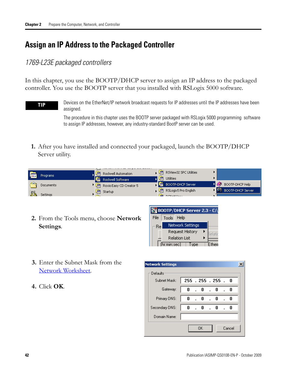 Assign an ip address to the packaged controller, Assign an ip, Address to the | Packaged controller | Rockwell Automation 1769-L23E-QB1B_L23E-QBFC1B_L23-QBFC1B CompactLogix Packaged Controllers Quick Start and User Manual User Manual | Page 42 / 249