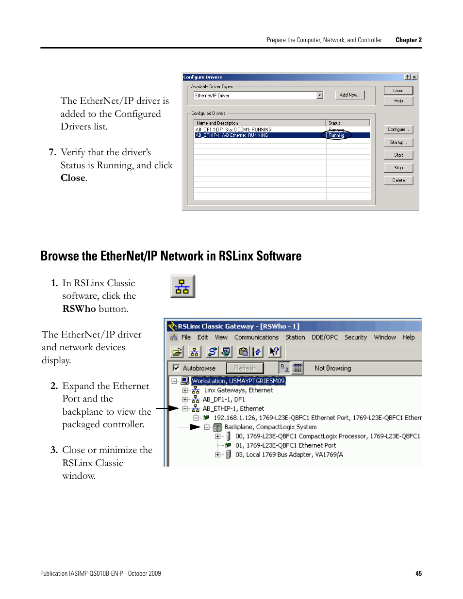 Browse the ethernet/ip network in rslinx software, Browse the, Ethernet/ip network | In rslinx software | Rockwell Automation 1769-L23E-QB1B_L23E-QBFC1B_L23-QBFC1B CompactLogix Packaged Controllers Quick Start and User Manual User Manual | Page 45 / 249