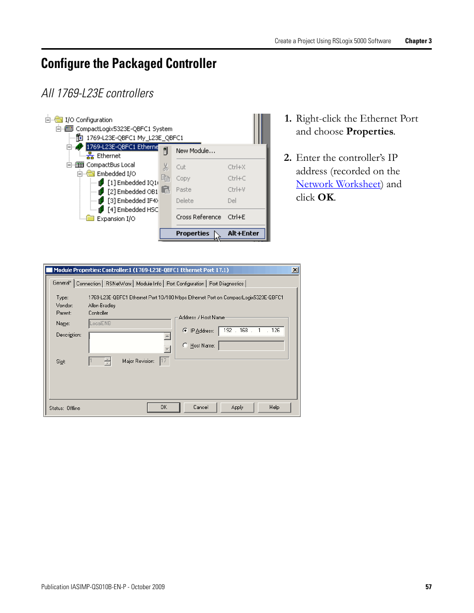 Configure the packaged controller, Configure the, Packaged controller | Rockwell Automation 1769-L23E-QB1B_L23E-QBFC1B_L23-QBFC1B CompactLogix Packaged Controllers Quick Start and User Manual User Manual | Page 57 / 249