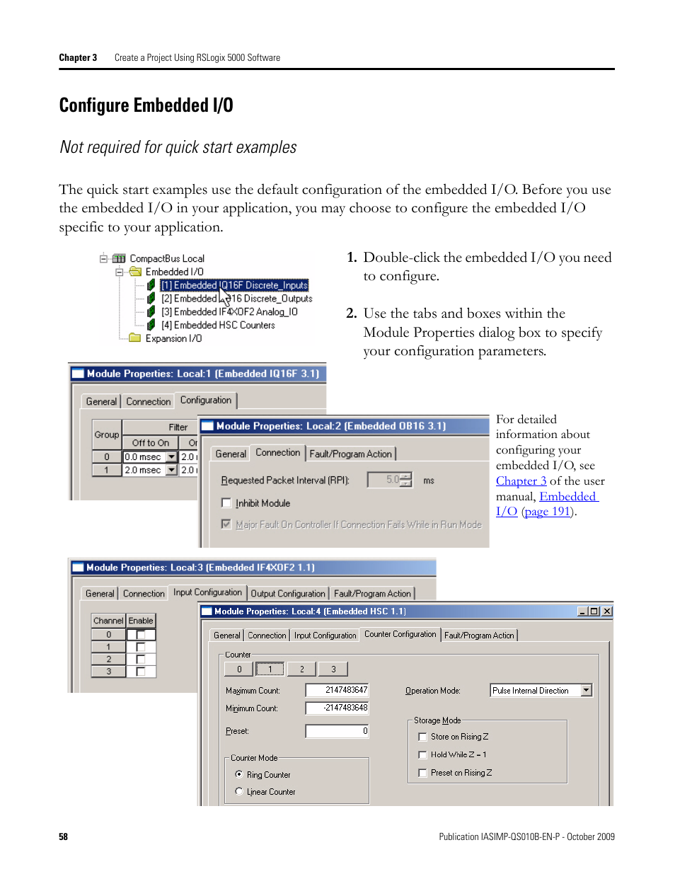 Configure embedded i/o, Configure, Embedded i/o | Not required for quick start examples | Rockwell Automation 1769-L23E-QB1B_L23E-QBFC1B_L23-QBFC1B CompactLogix Packaged Controllers Quick Start and User Manual User Manual | Page 58 / 249