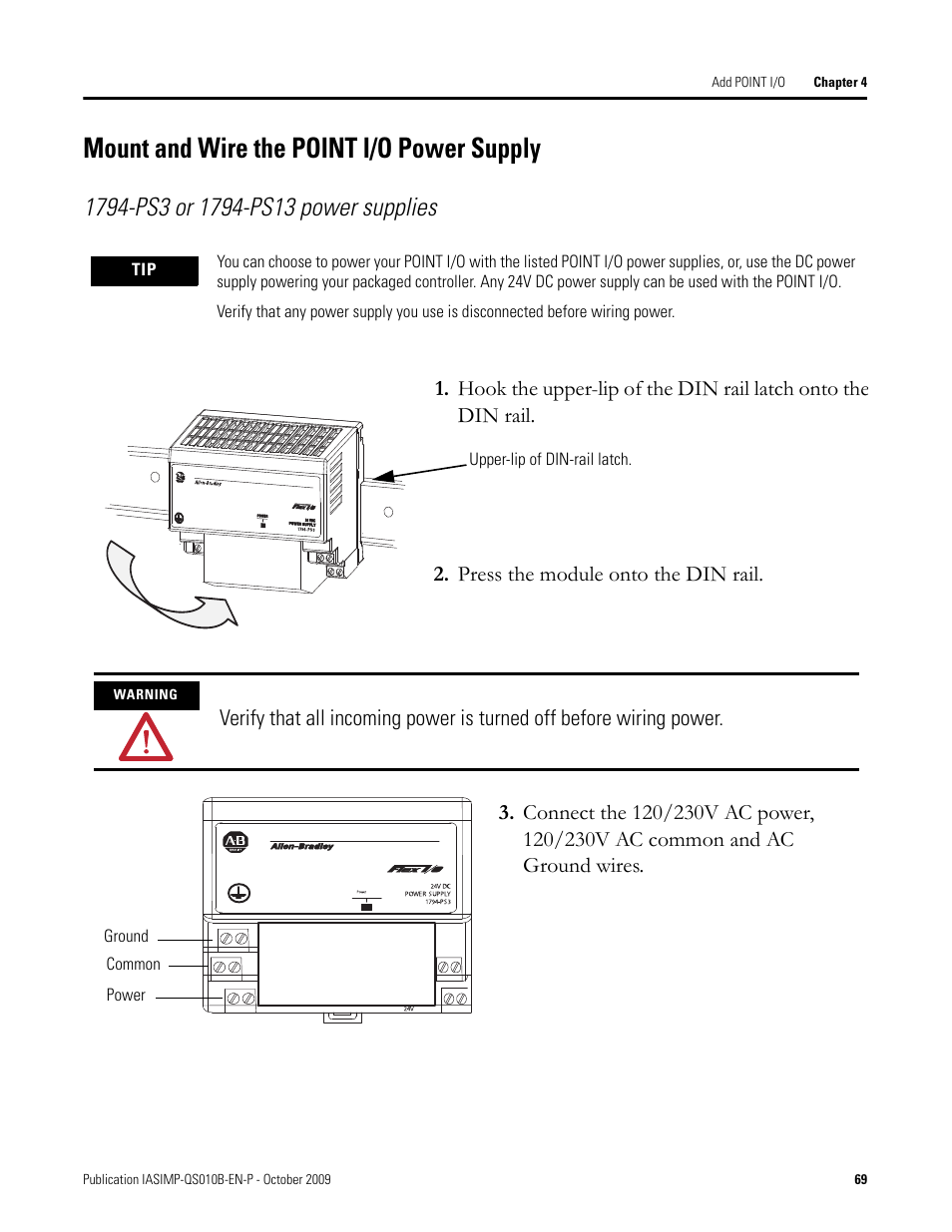 Mount and wire the point i/o power supply, Mount and wire the, Point i/o power | Supply | Rockwell Automation 1769-L23E-QB1B_L23E-QBFC1B_L23-QBFC1B CompactLogix Packaged Controllers Quick Start and User Manual User Manual | Page 69 / 249