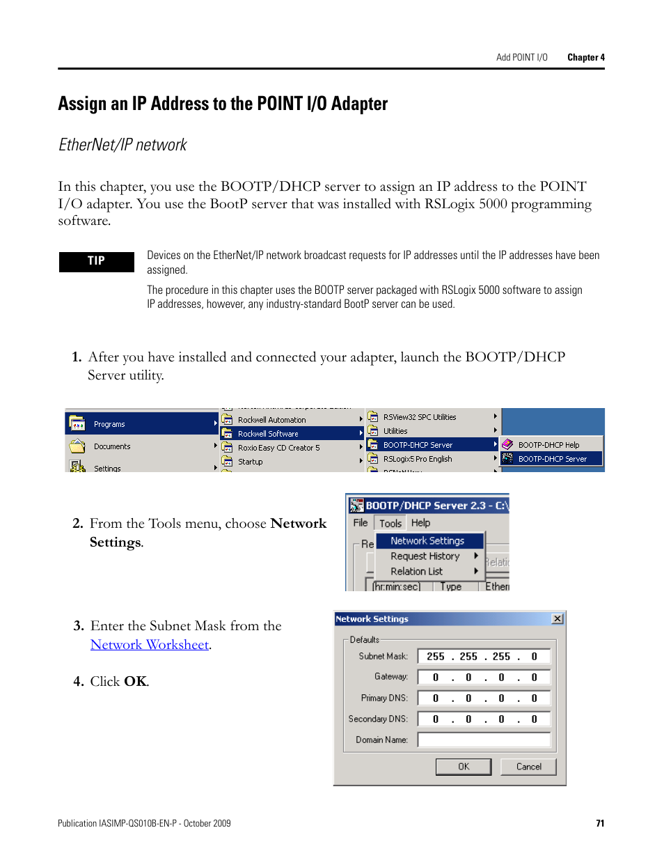 Assign an ip address to the point i/o adapter, Assign an ip, Address to the | Point i/o adapter, Ethernet/ip network | Rockwell Automation 1769-L23E-QB1B_L23E-QBFC1B_L23-QBFC1B CompactLogix Packaged Controllers Quick Start and User Manual User Manual | Page 71 / 249