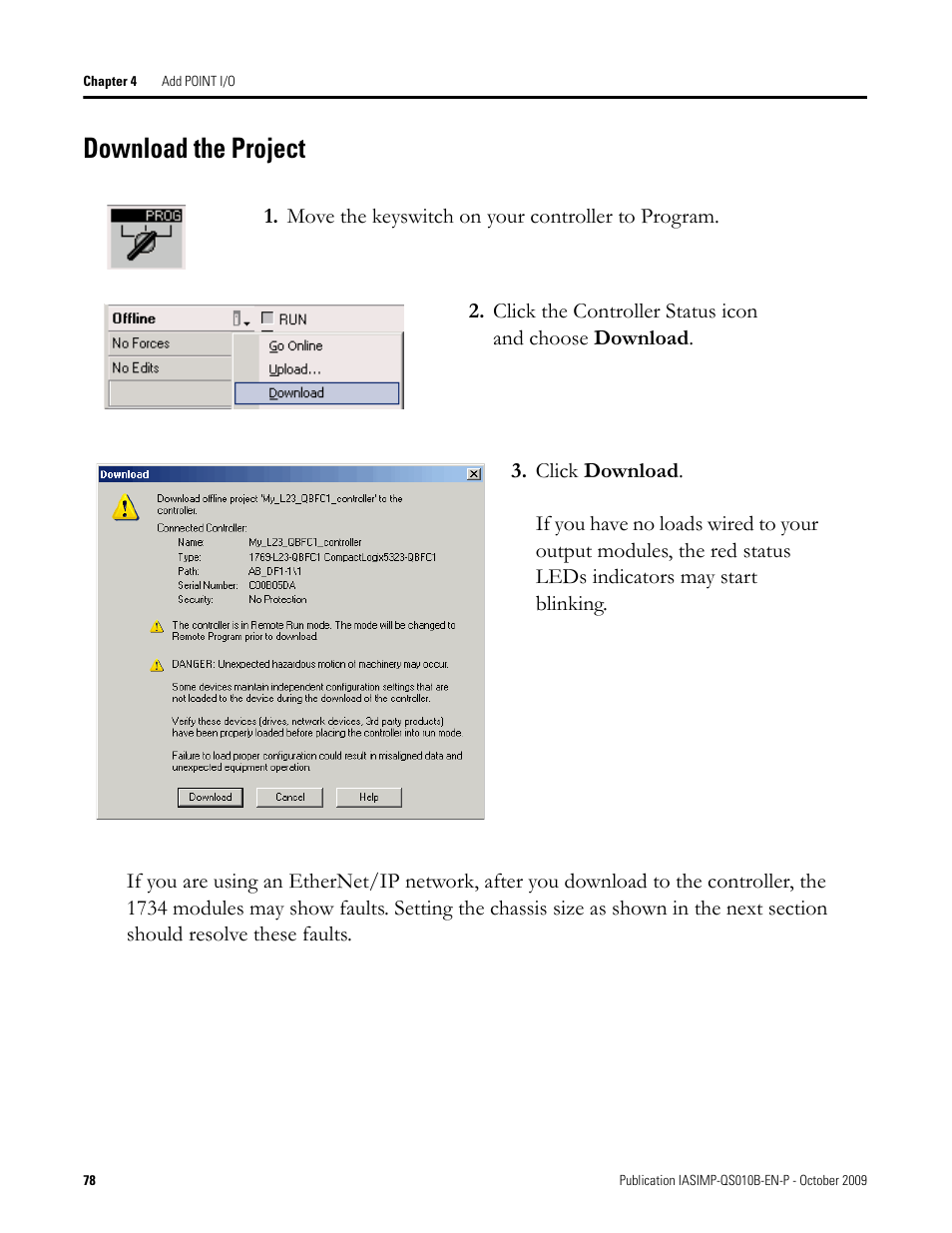 Download the project, Download the, Project | Rockwell Automation 1769-L23E-QB1B_L23E-QBFC1B_L23-QBFC1B CompactLogix Packaged Controllers Quick Start and User Manual User Manual | Page 78 / 249