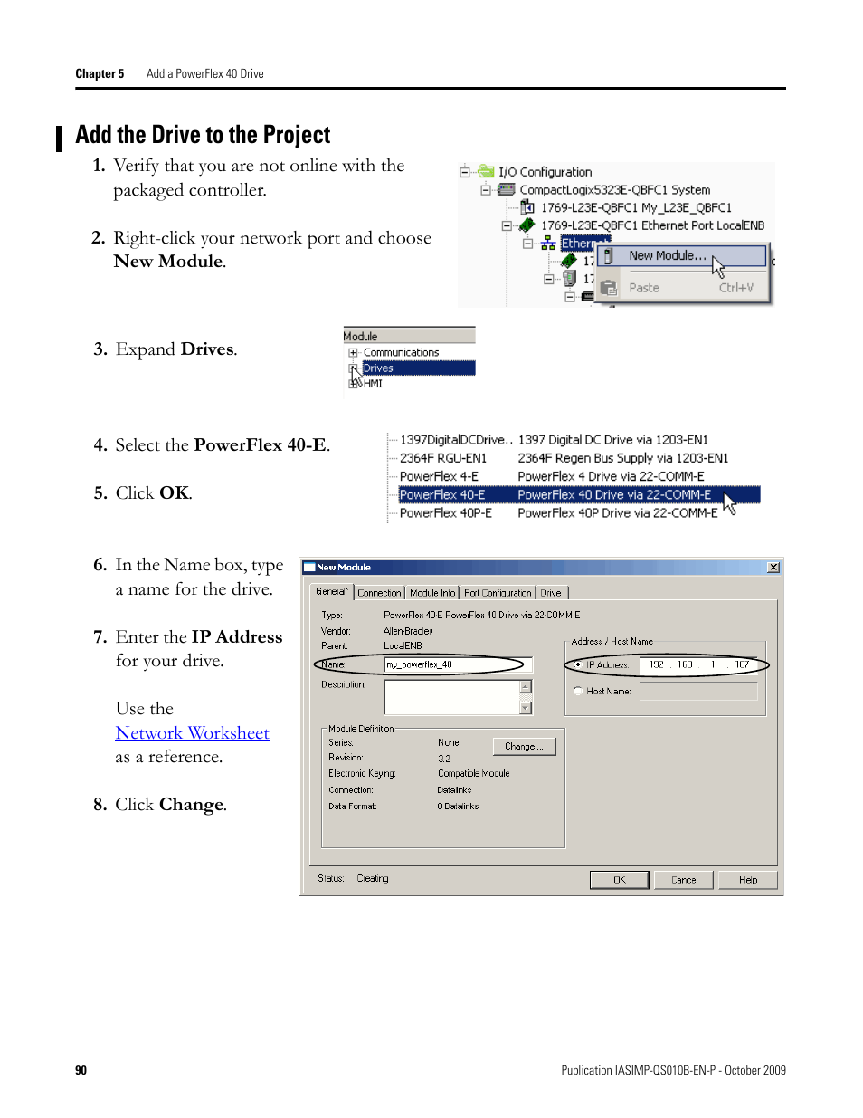 Add the drive to the project, Add the drive to, The project | Rockwell Automation 1769-L23E-QB1B_L23E-QBFC1B_L23-QBFC1B CompactLogix Packaged Controllers Quick Start and User Manual User Manual | Page 90 / 249