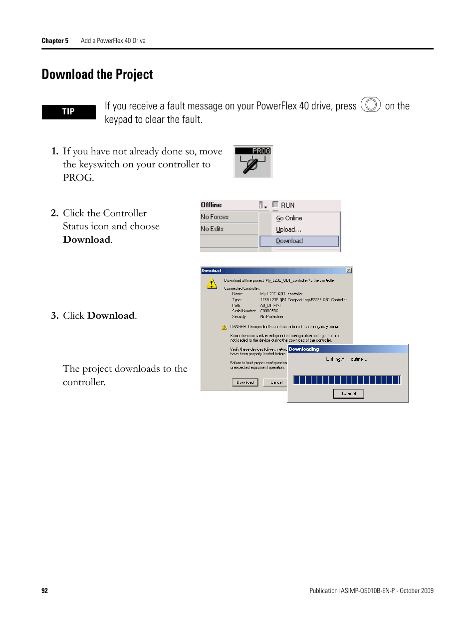 Download the project, Download the, Project | Rockwell Automation 1769-L23E-QB1B_L23E-QBFC1B_L23-QBFC1B CompactLogix Packaged Controllers Quick Start and User Manual User Manual | Page 92 / 249