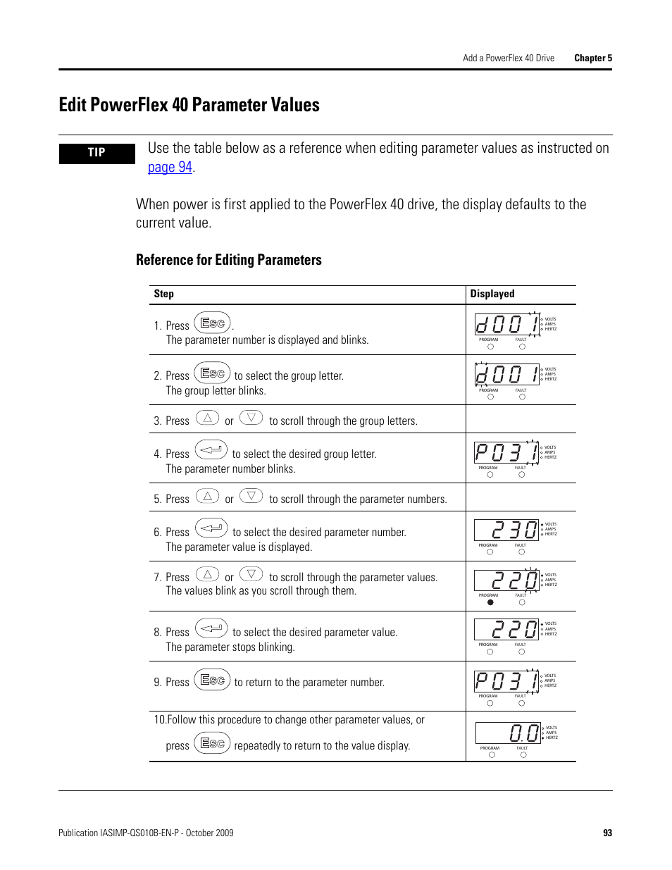 Edit powerflex 40 parameter values, Reference for editing parameters, Edit powerflex 40 | Parameter values | Rockwell Automation 1769-L23E-QB1B_L23E-QBFC1B_L23-QBFC1B CompactLogix Packaged Controllers Quick Start and User Manual User Manual | Page 93 / 249