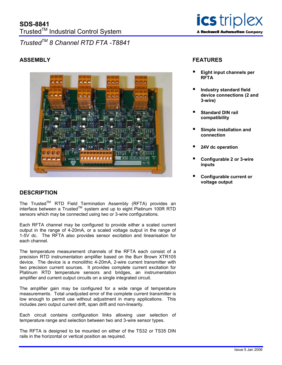 Rockwell Automation T8841 Trusted 8 Channel RTD FTA User Manual | 2 pages