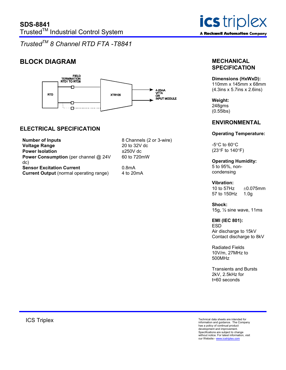 Block diagram, Electrical specification, Number of inputs | Sds-8841 trusted, Industrial control system trusted | Rockwell Automation T8841 Trusted 8 Channel RTD FTA User Manual | Page 2 / 2