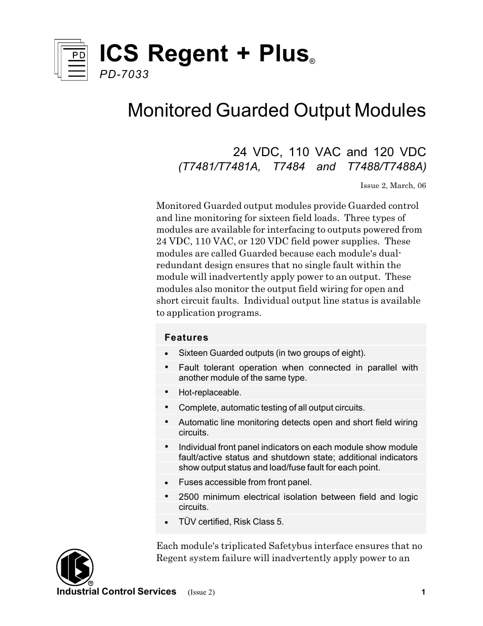 Rockwell Automation T7488/T7488A ICS Regent+Plus Monitored Guarded Output Modules User Manual | 26 pages
