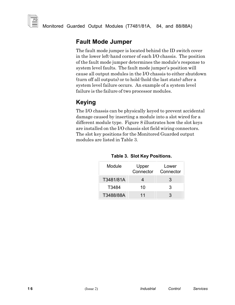 Fault mode jumper, Keying | Rockwell Automation T7488/T7488A ICS Regent+Plus Monitored Guarded Output Modules User Manual | Page 16 / 26