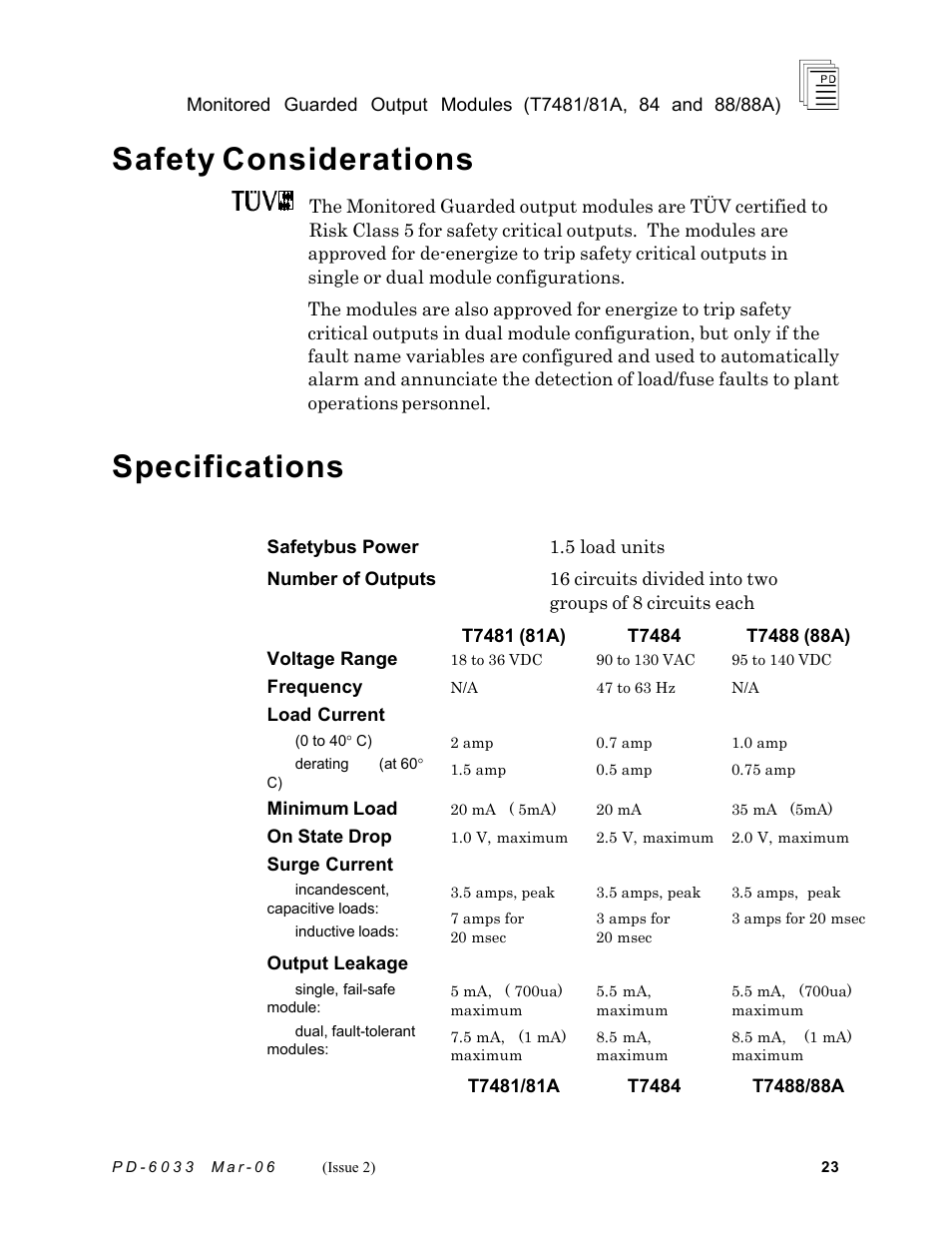 Safety considerations, Specifications | Rockwell Automation T7488/T7488A ICS Regent+Plus Monitored Guarded Output Modules User Manual | Page 23 / 26